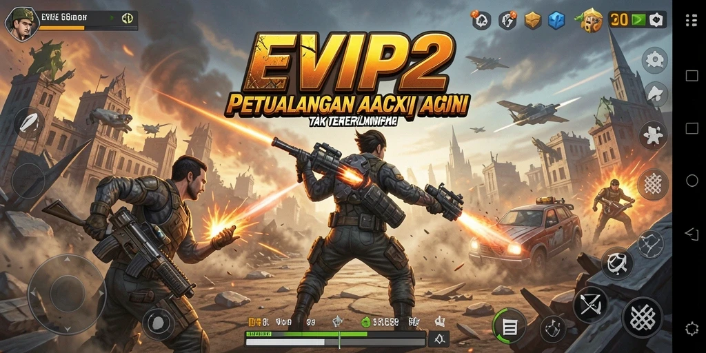 Tangkapan layar gameplay EVIP2 menampilkan aksi pertempuran yang mendebarkan.