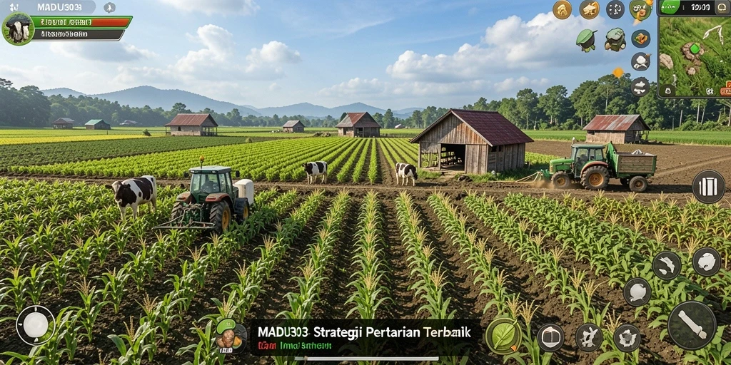 Screenshot gameplay MADU303 dengan petani dan tanaman yang subur