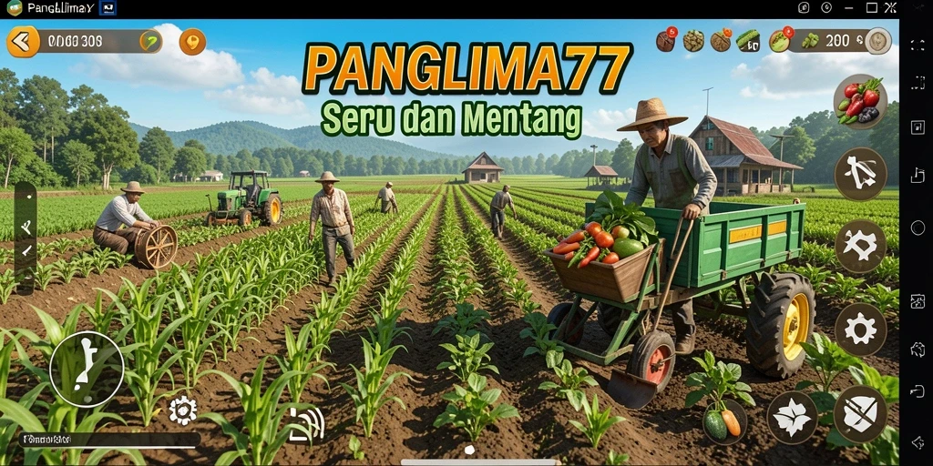 Tangkapan layar dari gameplay menarik di PANGLIMA77 dengan berbagai tanaman dan aktivitas bertani.