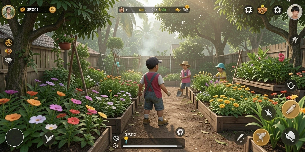 Tampilan gameplay SP212 yang menarik saat berkebun dan merawat hewan.