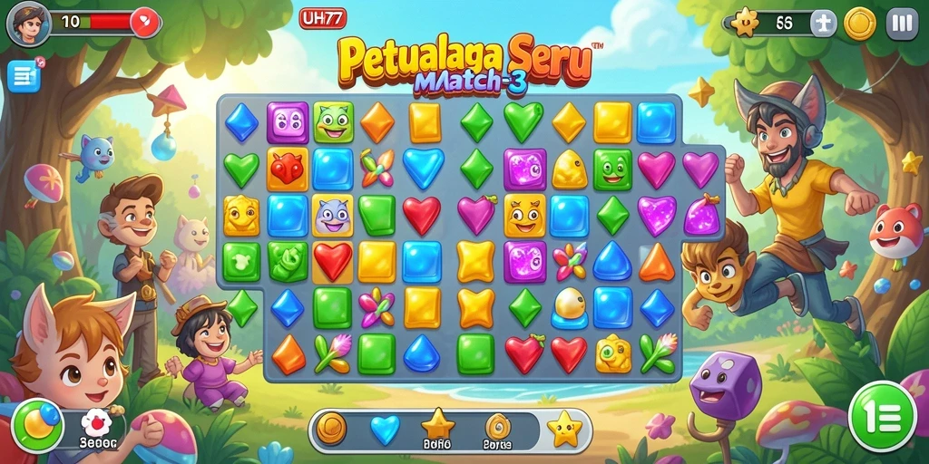 Tampilan gameplay UH77 dengan kombinasi elemen seru Match-3.